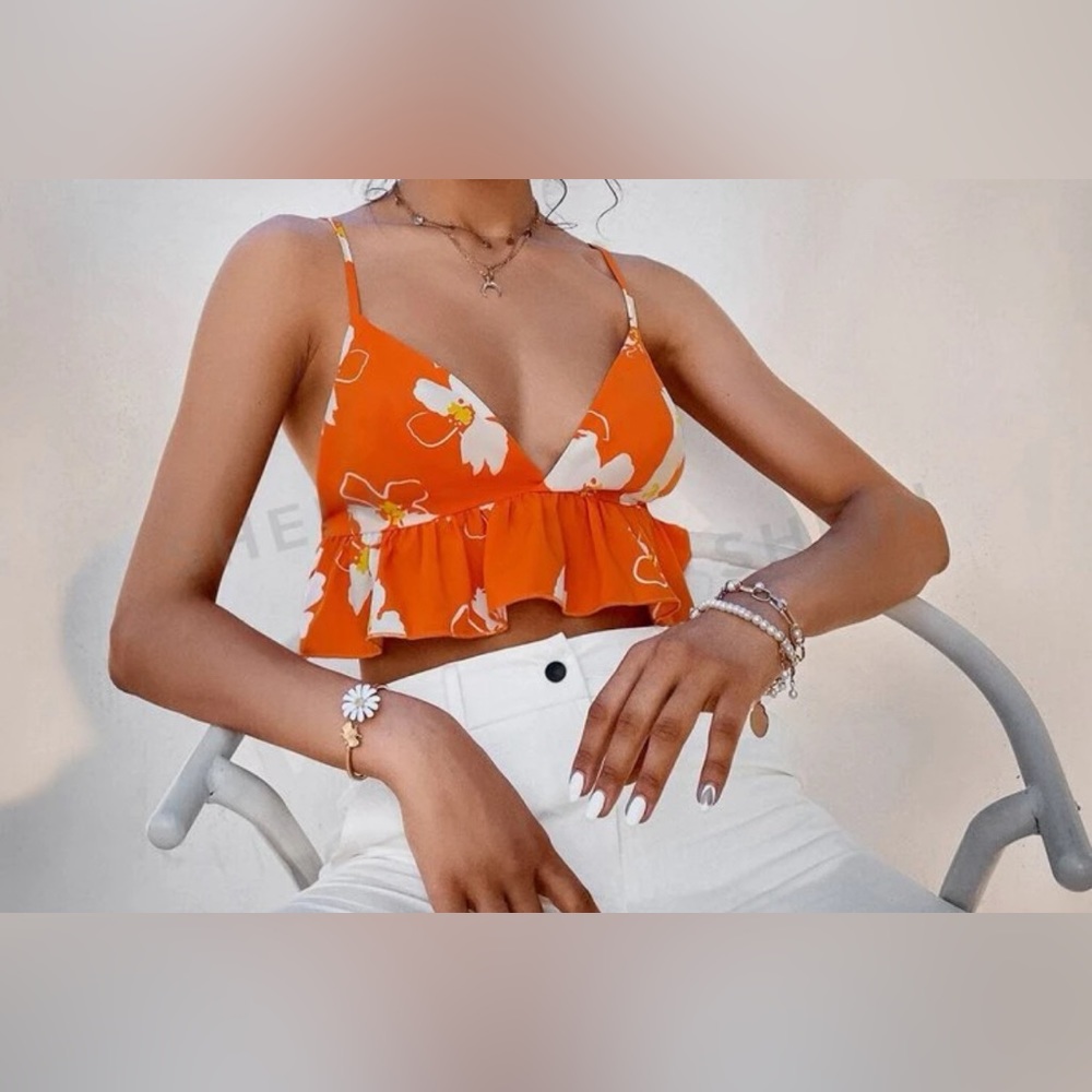 Orange Floral Ruffle Crop Top - Picture 2 of 8